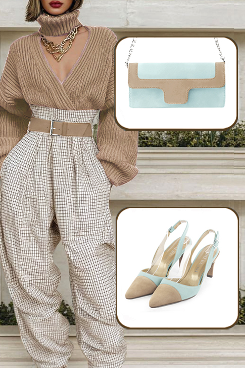 Women's sand beige and aquamarine blue elegant slingback heels. Tapered toe. Medium slim heel - Worn view